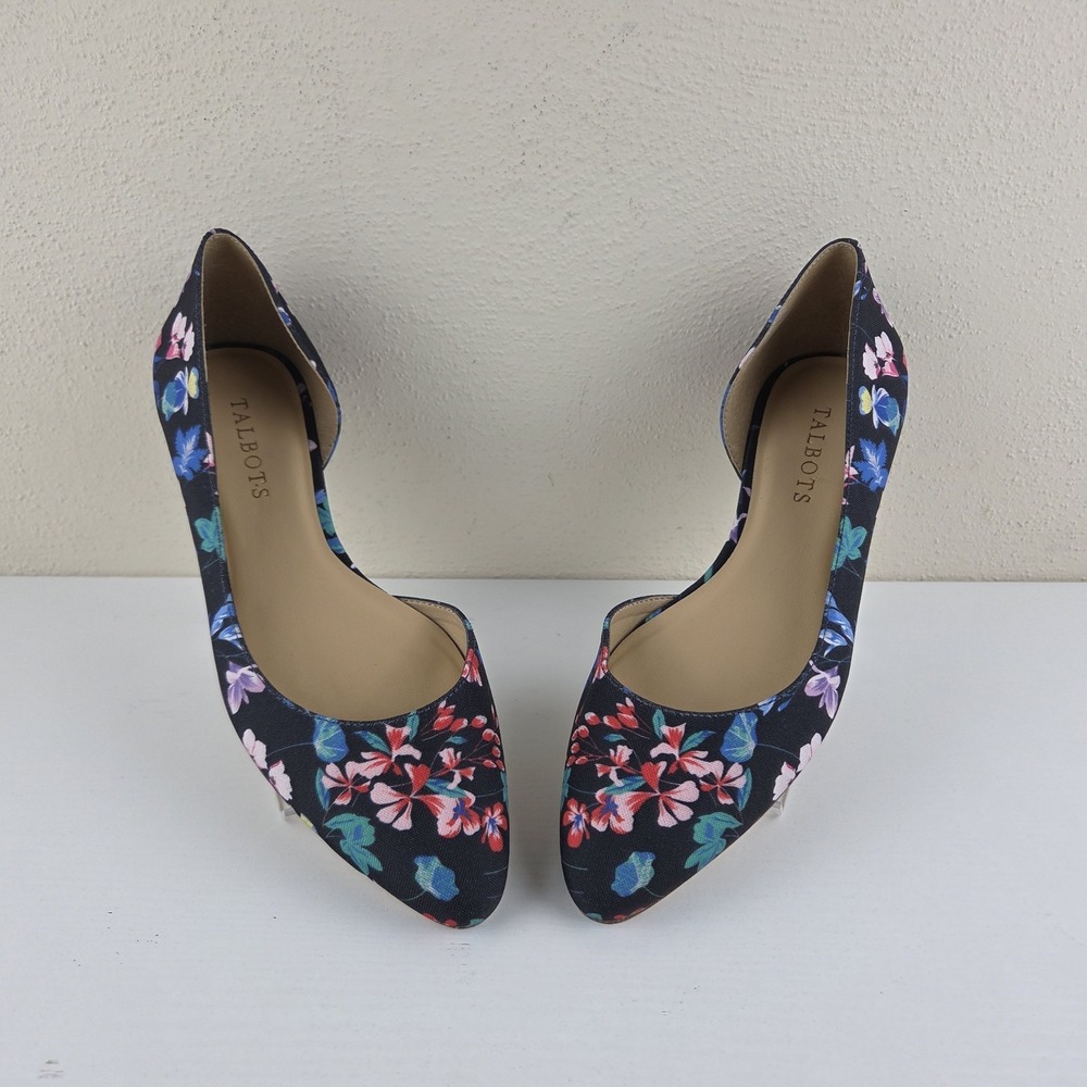Talbots Edison Flats Floral Black Leather Sole Pointy Toe Slip On Shoes Wmns 7 M